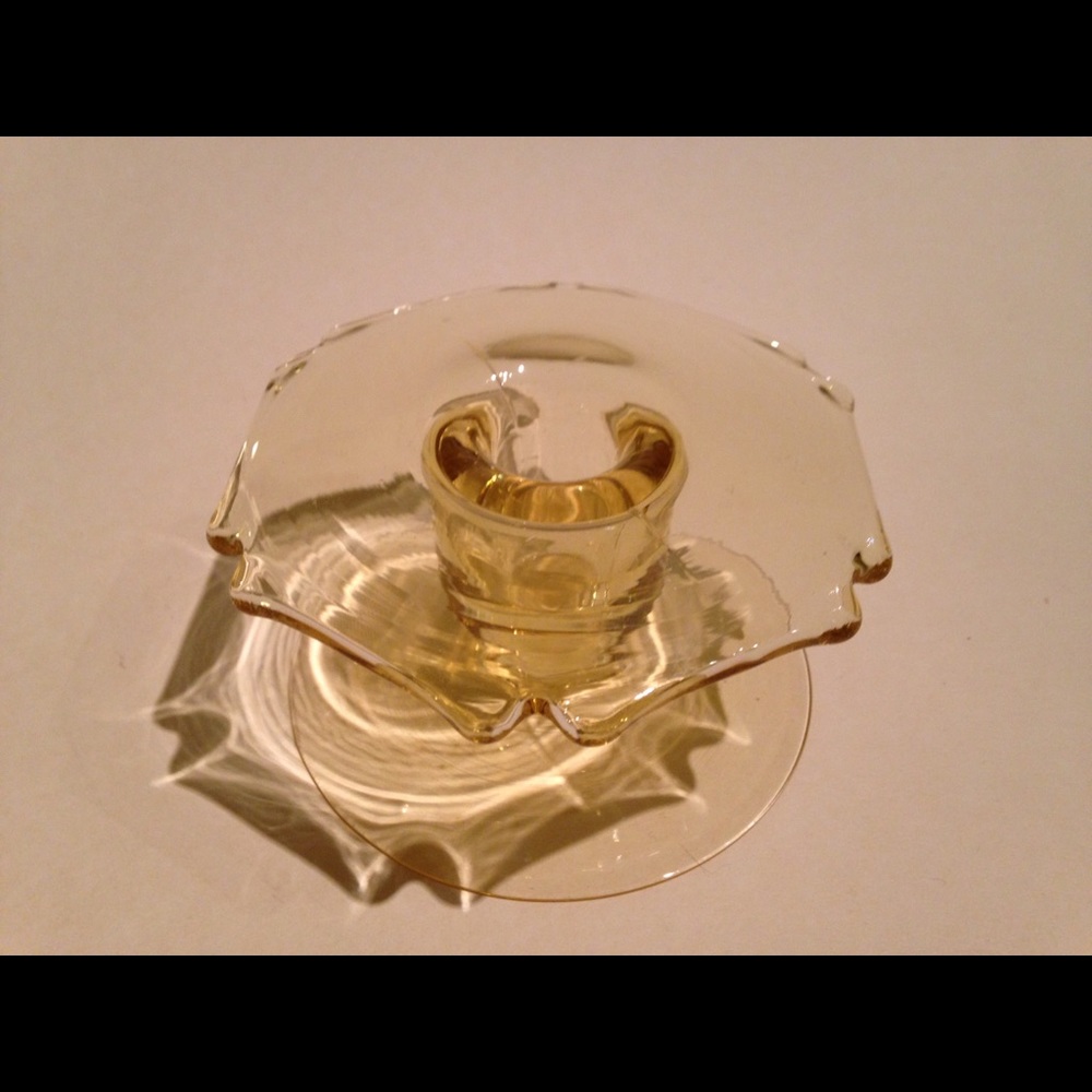 Vintage New Martinsville Glass Notched Hexagon Yellow/Amber Candlestick Holder